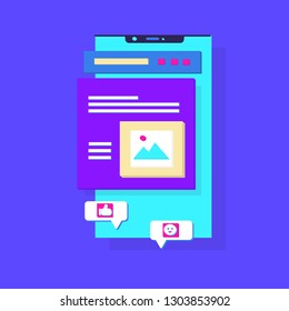 Mobile phone chat message notifications vector illustration. Sending messages, photos.