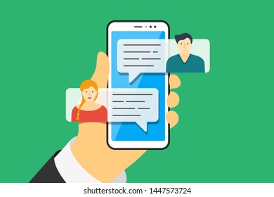 Mobile phone chat message notifications vector illustration on green background. Hand holding smartphone and chatting bubble speeches. Online talking speak conversation dialog concept