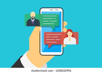 Mobile phone chat message notifications vector illustration on blue background. Hand holding smartphone and chatting bubble speeches. Online talking speak conversation dialog concept