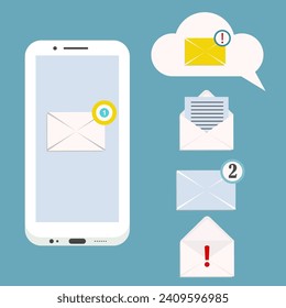 Mobile phone chat message notifications. Email service concept. Vector illustration isolated on blue color background