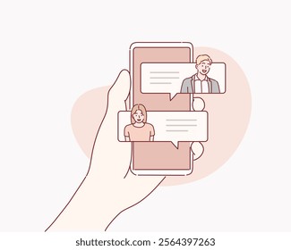 Mobile phone chat message notifications vector illustration isolated on color background, hand with smartphone and chatting bubble speeches, concept of online talking, speak, conversation, dialog.	