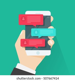 Mobile phone chat message notifications vector illustration isolated on color background, hand with smartphone and chatting bubble speeches, concept of online talking, speak, conversation, dialog