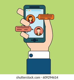 Mobile phone chat message notifications vector illustration isolated on color background, hand with smartphone and chatting bubble speeches, concept of online talking, speak, conversation, dialog