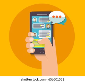 Mobile phone chat message notifications vector illustration isolated on color background, hand with smartphone and chatting bubble speeches, concept of online talking, conversation, dialog, chatbot