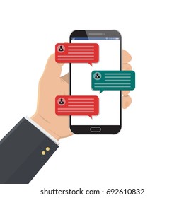 Mobile phone chat message notifications vector illustration isolated on color background, hand with smartphone and chatting bubble speeches, concept of online talking, speak, conversation, dialog