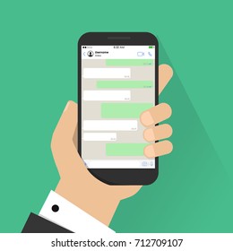 Mobile phone chat message notifications vector isolated on color background, hand with smartphone and chatting bubble speeches, concept of online talking, speak, conversation, dialog