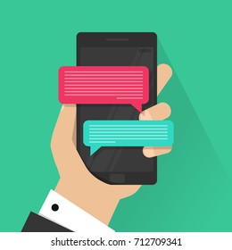 Mobile phone chat message notifications vector isolated on color background, hand with smartphone and chatting bubble speeches, concept of online talking, speak, conversation, dialog