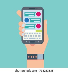 Mobile phone chat message notifications, hand with smart phone and chatting bubble speeches