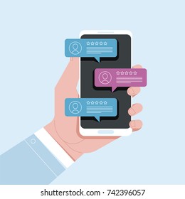 Mobile phone chat message notifications vector illustration isolated on color background, hand with smartphone and chatting bubble speeches, concept of online talking, speak, conversation, dialog