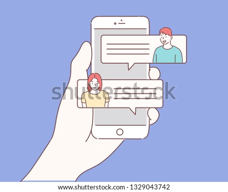 Mobile phone chat message notifications vector illustration isolated on color background, hand with smartphone and chatting bubble speeches, concept of online talking, speak, conversation, dialog.