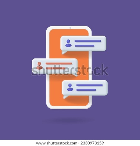 Mobile phone chat message notifications. Sms dialogue vector 3d illustration. Speech bubbles on smartphone screen.