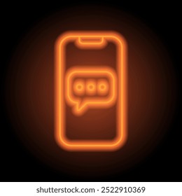 Mobile phone, chat, message simple icon vector. Flat design. Orange neon on black background.ai