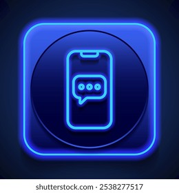 Mobile phone, chat, message simple icon vector. Flat design. Blue neon style on button. With shadow.ai