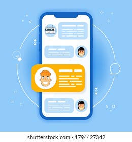 Mobile phone chat notification message on blue background. Vector illustration isolated on colored background, smartphone and chat bubble speeches, concept of online conversation, talk, conversation, 