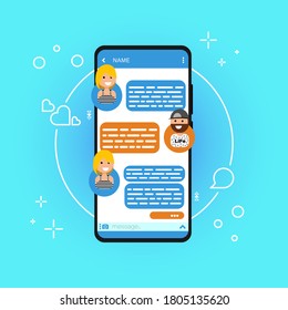 
Mobile phone chat notification on blue background. Vector illustration isolated on colored background, smartphone and chat speech bubble, guy to girl online chat concept. vector avatar characters.