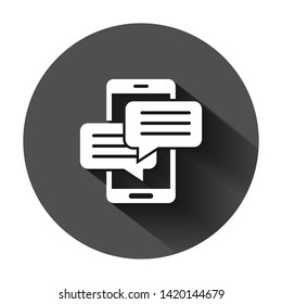 Mobile phone chat sign icon in flat style. Message notifications vector illustration on black round background with long shadow. Smartphone text business concept.