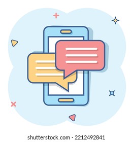 Mobile phone chat sign icon in comic style. Message notifications vector cartoon illustration on white isolated background. Smartphone text business concept splash effect.