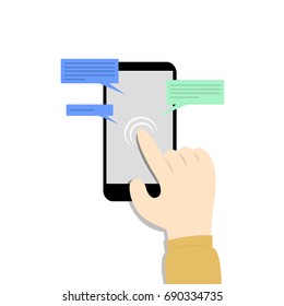 Mobile phone chat vector, finger touch design,  hand with smartphone of online chat design.
