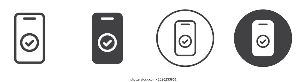 Telefone celular com ícone de verificação Simples contorno vetor logotipo
