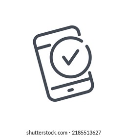Teléfono móvil con marca de verificación en el icono de línea circular. Signo de contorno vectorial de marca de aprobación y Smartphone.