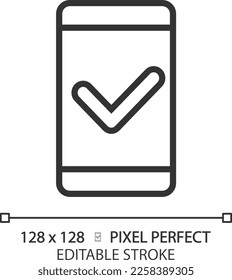 Teléfono móvil con marca de verificación píxel icono lineal perfecto. Comunicación segura a través del smartphone. Calidad personal del equipo. Ilustración de línea delgada. Símbolo de contorno. Dibujo del contorno del vector. Trazo editable