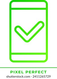 Mobile phone with check mark pixel perfect gradient linear vector icon. Safe communication via smartphone. Thin line color symbol. Modern style pictogram. Vector isolated outline drawing