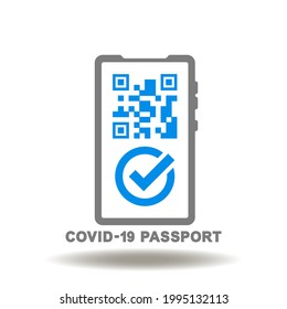 Mobile phone with check mark and qr code vector illustration. COVID-19 vaccinated passport symbol. Immunity health travel app certificate control icon.