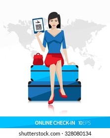 Mobile phone Check-In. Mobile boarding pass as a 2D bar code (Sample). Digital Booking concept. Girl sitting on a suitcase. Vector illustration. Flat style