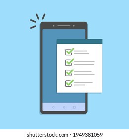 Mobile phone and checklist, flat cartoon smartphone with paper document and to do list checkboxes, concept of survey
