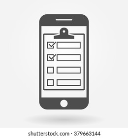 Mobile phone with checklist icon. Smartphone with clipboard and checklist on the screen. Vector illustration