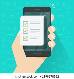 Mobile phone and checklist vector illustration, flat cartoon smartphone with paper document and to do list checkboxes, concept of survey, online quiz, completed things or done test, cellphone feedback