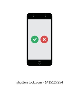Mobile phone with checkmark icons. Symbol of operation on smartphone. Tick and cross, check mark symbols.