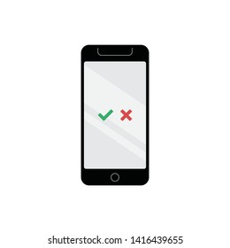 Mobile phone with checkmark icons. Symbol of operation on smartphone. Tick and cross, check mark symbols.