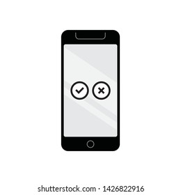 Mobile phone with checkmark icons. Symbol of operation on smartphone. Tick and cross, check mark symbols.