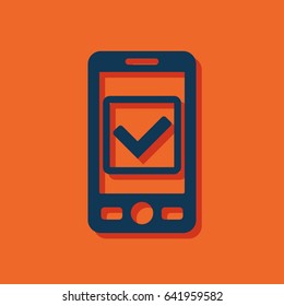 Mobile phone with checkmark symbol flat icon. Operation accepted vector illustration