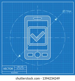 Mobile phone with checkmark symbol vector blueprint icon. Operation accepted illustration
