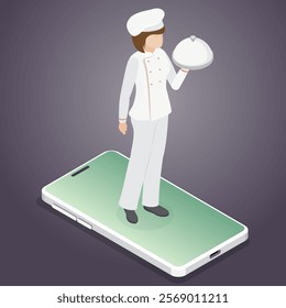 Mobile phone with chef on it, that holds the dish on his hand. Food delivery service concept. Flat isometric vector