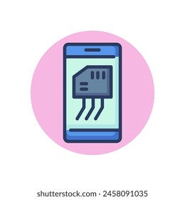 Mobile phone with chip on screen line icon. SIM card, SD card, microchip outline sign. Phone repair, service, breakdown concept. Vector illustration, symbol element for web design