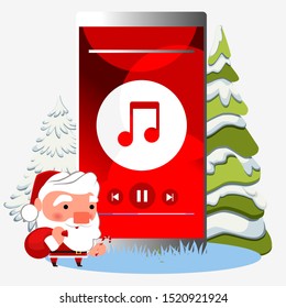 Mobile phone with Christmas music. Winter background.
