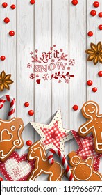 Mobile phone Christmas wallpaper, gingerbread cookies, ornaments, candy canes and anise stars laying on wooden background, with text Let it snow, vector illustration, eps 10 with transparency
