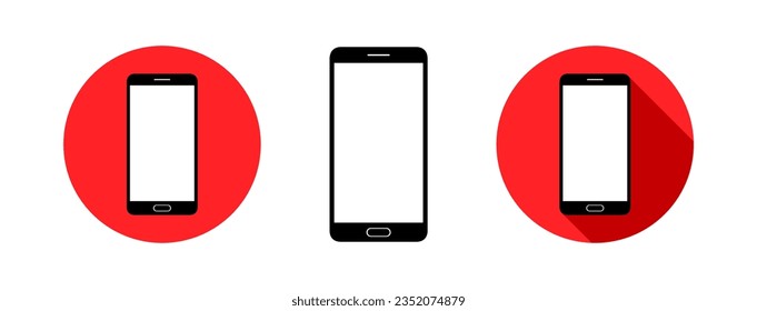 Mobile phone circle icon with long shadow. Flat design style. Smart phone simple silhouette. Modern, minimalist, round icon in stylish colors. Web site page and mobile app design vector element.