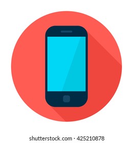 Mobile Phone Circle Icon. Vector Illustration Flat Style Round Icon with Long Shadow. Electronic Gadget.