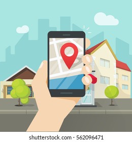 Mobile phone city map geo location, hand with smartphone gps navigator town map and pin pointer, roadmap street direction, idea of quest game route, person found location among buildings vector