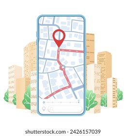 Mobile phone with city map on the screen. Urban mobility, route optimization, city exploration. Concept of your location on map and navigation to poi. City landscape background. Vector illustration