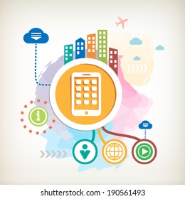 Mobile phone and city on abstract colorful background with different icon and elements. Flat design