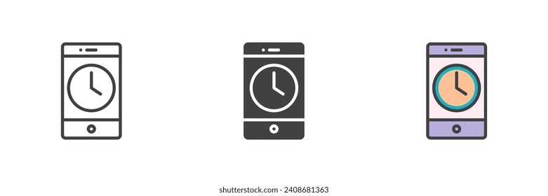 Reloj de teléfono móvil con un conjunto de iconos de estilo diferente. Línea, glifo y contorno relleno versión colorida, contorno y signo vectorial relleno. Símbolo, ilustración del logotipo. Gráficos vectoriales