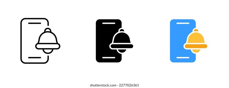 A mobile phone with a clock icon indicating the presence of an alarm feature. Vector set of icons in line, black and colorful styles isolated.