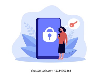 Mobile phone with closed lock on blue screen and tiny user. Woman thinking about key to smartphone flat vector illustration. Safe access concept for banner, website design or landing web page