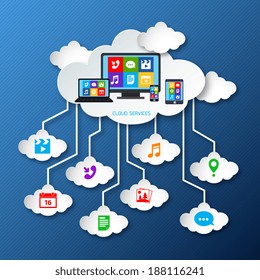 Mobile phone cloud services paper concept with app social media icons vector illustration