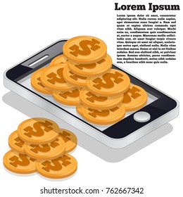 Mobile phone with coins. Isometric. Vector illustration.